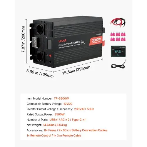 VEVOR 3500 W Wechselrichter, 12 V DC auf 230 V AC, reiner Sinus-Wechselrichter, Solar-Autoladegerät-Konverter mit LCD-Display, Fernbedienung, USB-Anschluss, 2 AC-Steckdosen, Typ-C-Anschluss – Bild 6