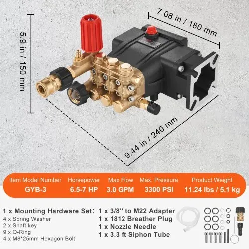 VEVOR Hochdruckreinigerpumpe, 3/4-Zoll-Welle, Triplex-Kolben, 3300PSI, 3GPM, Ersatz-Hochdruckreinigerpumpen-Set, Teile-Waschmaschinenpumpe, kompatibel mit Simpson MorFlex-Modellen 40224, 40225, 40226 – Bild 6