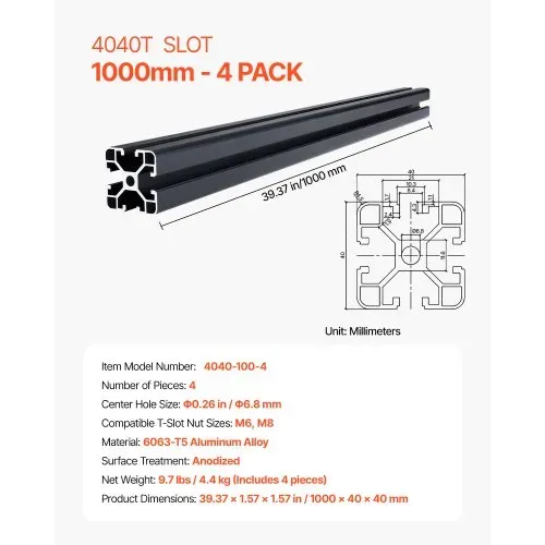 VEVOR 4er Set Aluprofil 1000 mm T-Nut 4040 Aluminium Profil, eloxierte Linearschiene nach europäischem Standard, Nutenprofil für 3D-Drucker, CNC-Maschine DIY, Lasergravur, Schwarz – Bild 6
