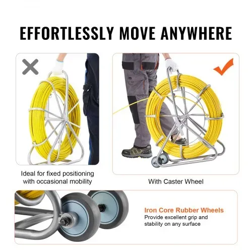 VEVOR Einziehband, 200 m, 5/16 Zoll, Duct Rodder Einziehband-Drahtzieher, Kabelführungsstange mit Rollenständer aus Stahl, 3 Zugköpfe, Angelwerkzeug für Wände & elektrische Leitungen, nicht leitfähig – Bild 4