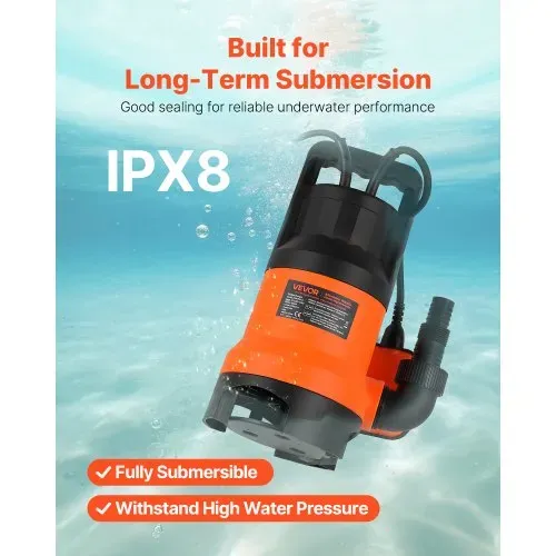 VEVOR 650W Tauchpumpe, 15000L/h, PP-GF20 Schmutzwasserpumpe für Abwasser, Schmutzwasser & sauberes Wasser mit automatischem Schwimmerschalter, 8m Förderhöhe, für Pools Teiche überflutete Bereiche – Bild 4