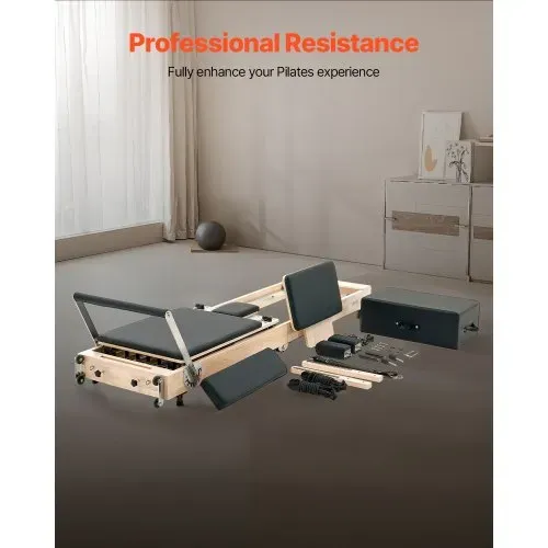 VEVOR faltbarer Pilates Reformer Trainingsgerät aus Gummibaumholz für Heim-Fitnessstudio, Pilates-Bett mit doppeltem Widerstand – Feder & Kordel, Ausrüstung mit Sitzbox, bis zu 181,44 kg – Bild 2