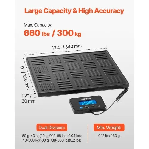 VEVOR Digitale Paketwaage, 20/100 g, doppelte Genauigkeit, 300 kg Plattformwaage mit Hold-/Tara-Funktion & LCD-Display, für Pakete, Porto, Gepäck, Batterie & Ladekabel im Lieferumfang enthalten VEVOR Digitale Paketwaage, 20/100 g, doppelte Genauigkeit, 300 kg Plattformwaage mit Hold-/Tara-Funktion & LCD-Display, für Pakete, Porto, Gepäck, Batterie & Ladekabel im Lieferumfang enthalten