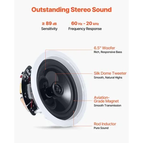 VEVOR 4 Einbaulautsprecher Bluetooth 165,1 mm, 2-Wege Lautsprecher mit Verstärker & 150 W Spitzenleistung, Kabelgebundene Deckenlautsprecher für Heimkino, Überdachte Terrasse & Flächenbündige Montage – Bild 3