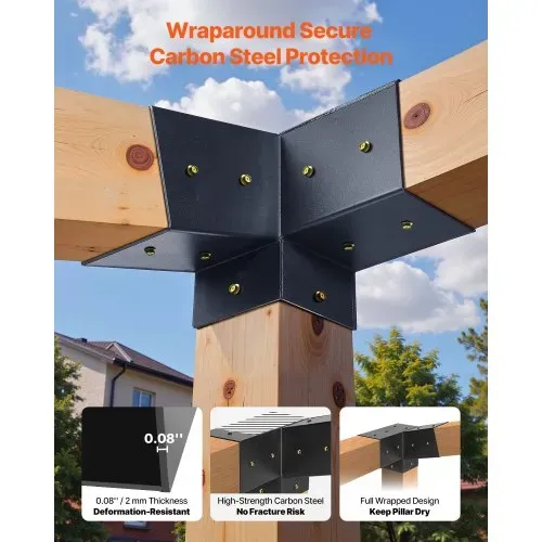 VEVOR Pfosttenverbinder, 3-Wege-Schräghalterung für 92 x 92 mm, Pergola-Halterung aus Karbonstahl mit Schrauben & Pfostensockeln, für Holzpergolen im Freien, Pavillons, Schuppen, 8 Stück – Bild 4