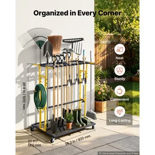 VEVOR Gartengeräte Ständer 920x560x1010mm Gerätehalter mit Rollen Schwarz, Aufbewahrungsregal für Garage Schuppen Garten, Organizer aus Stahl für Besen Mopp Rechen, 2-in-1 mit Schlitze & Klemmsystem VEVOR Gartengeräte Ständer 920x560x1010mm Gerätehalter mit Rollen Schwarz, Aufbewahrungsregal für Garage Schuppen Garten, Organizer aus Stahl für Besen Mopp Rechen, 2-in-1 mit Schlitze & Klemmsystem