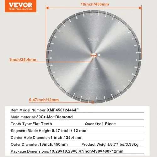 VEVOR Diamantsägeblatt Betonsägeblatt 45 cm für Nass- oder Trockenarbeiten, 12 mm Diamantsegmentsägeblatt mit flachen Zähnen, Mittellochdurchmesser 25,4 mm, für Beton, Zementplatten, Fliesen, Ziegel – Bild 6