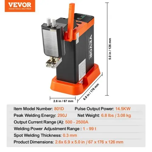 VEVOR Akku-Punktschweißgerät, 14,5 kW Kondensator-Energiespeicher, Impuls-Punktschweißgerät mit 73B-Schweißstift, 801D-Hochleistungs-Punktschweißgerät und 2 Schweißmodi für 0,1–0,3 mm reines Nickel – Bild 6