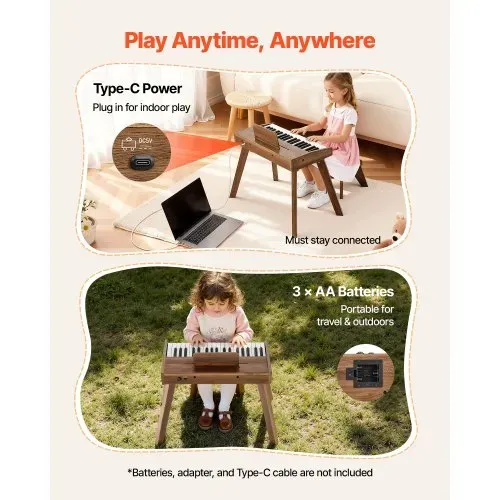 VEVOR Kinder Keyboard, 37 Tasten, Digitalpiano aus Holz für Kinder ab 3 Jahren, Mini-Musikinstrument-Spielzeugset mit Hocker, Realistischem Klang, Dual-Power, Einstellbarer Lautstärke, Walnuss – Bild 4