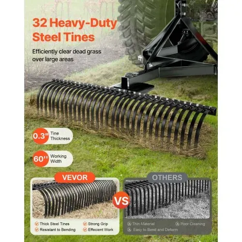 VEVOR Vertikutierer, 1525 mm Arbeitsbreite, Rasentraktor Rechen mit 32 robusten Stahlzinken, Traktor-kompatibler Dreipunkt-Gartenrechen, Rasenlüfter ideal für Bodenbearbeitung & Rasenpflege VEVOR Vertikutierer, 1525 mm Arbeitsbreite, Rasentraktor Rechen mit 32 robusten Stahlzinken, Traktor-kompatibler Dreipunkt-Gartenrechen, Rasenlüfter ideal für Bodenbearbeitung & Rasenpflege