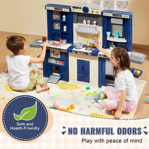 VEVOR Kinderküchen-Spielset, 3-in-1-Kleinkinderküche mit simuliertem Sprühnebel, Geräuschen und Lichtern, Spielküchenset mit 74-teiligem Kochzubehörset für Kleinkinder, Vorschulkinder, Kinder im Alter von 3–8 Jahren, Blau – Bild 3