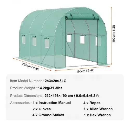 VEVOR begehbares Tunnel-Gewächshaus, 3,9 x 1,9 x 1,8 m, Foliengewächshaus-Tunnel, Pflanzen-Gewächshaus mit verzinktem Stahlrahmen, grüner PE-Abdeckung, aufrollbarer Reißverschlusstür und 6 Fenstern für den Außenbereich – Bild 6