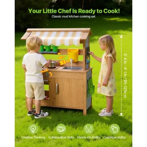 VEVOR Spielküche, Kinderküche, Spielzeugküche mit Löffeln, Spülbecken, Wassertank, Sonnenschutz, Schaufeln, Kochgeschirr & Zubehör, Outdoor-Holzküche für Kinder ab 3 Jahren, 795x339x1000mm VEVOR Spielküche, Kinderküche, Spielzeugküche mit Löffeln, Spülbecken, Wassertank, Sonnenschutz, Schaufeln, Kochgeschirr & Zubehör, Outdoor-Holzküche für Kinder ab 3 Jahren, 795x339x1000mm