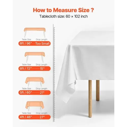 VEVOR 6 x Tischdecke Tischwäsche 1524x2591 mm, wiederverwendbarer Tischdeckenschutz, maschinenwaschbares Tischtuch aus Polyestergewebe für Partys Hochzeiten Bankette formelle Veranstaltungen, Weiß – Bild 4