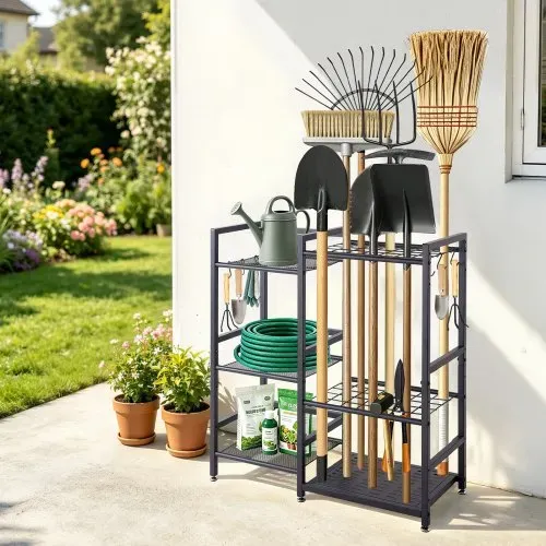VEVOR Gartengeräte Ständer 740x300x805mm 3-Stöckiger Gerätehalter Schwarz, Aufbewahrungsregal für Garage Schuppen Garten & Outdoor, Organizer aus Stahl mit 3 Ablagefächern 6 Haken & Nivellierfüßen – Bild 7