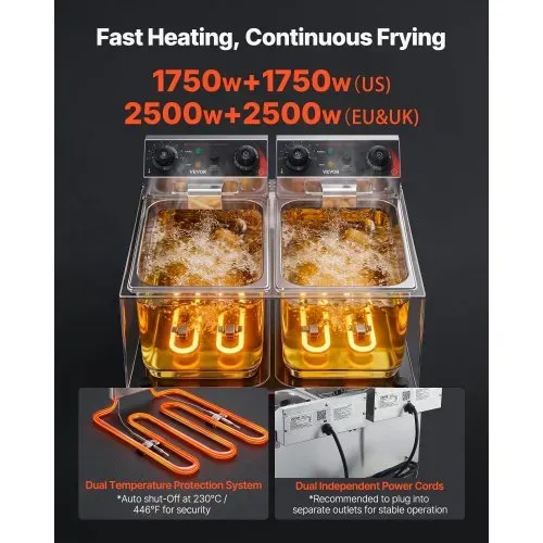 VEVOR Gewerbliche Elektrische 2-Becken-Fritteuse 14 L, 5000 W Edelstahl-Tischfritteuse mit Frittierkörben, Deckeln, Temperaturregelung, Timer und Überhitzungsschutz, für Restaurant, Imbiss, Küche – Bild 3
