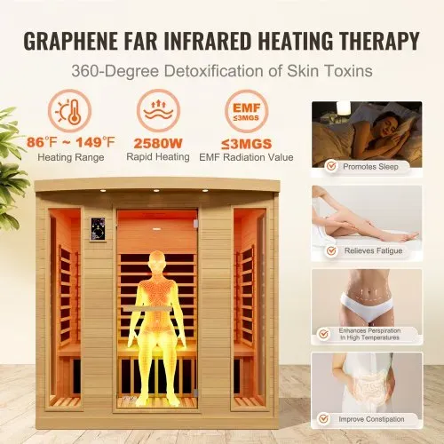VEVOR Ferninfrarot-Holzsauna, Sauna-Spa für Zuhause, für 3 bis 4 Personen, Niedrige EMF-Ferninfrarot-Sauna aus Hemlockholz mit gehärteter Glastür & Bluetooth-Lautsprechern & Farblichttherapie, 2580 W – Bild 2