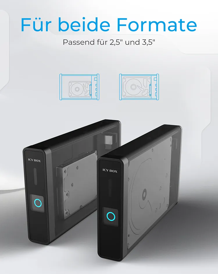 ICY BOX IB-382H-C31, USB 3.2 Gen 2 Gehäuse für 2,5'' od. 3,5'' SATA HDD/SSD, integrierter Hub 1x USB-C 2x USB-A, 10 Gbit/s, 12V 3A Netzteil, schwarz – Bild 4