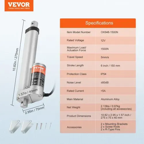 VEVOR 1500N Linear Actuator DC 12V Linearantrieb IP54 Elektrischer Linearmotor 150mm Hublänge Geräuschpegel ≤60dB Elektrische Türöffner 5mm/s Fahrgeschwindigkeit Lineartechnik Verstellantrieb – Bild 6