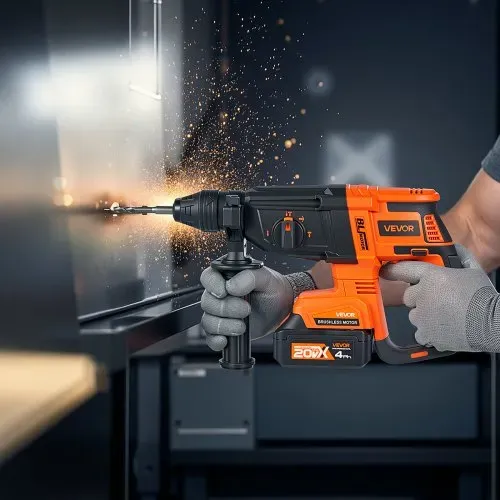 VEVOR 20 V bürstenloser Akku-Bohrhammer kabellos, Lithium-Ionen 28 mm Bohrhammer, SDS-Plus Elektro-Leichtbausatz mit Akku & Ladegerät & Tragekoffer, 4 Funktionen, 1200 U/min, 5300 BPM – Bild 7