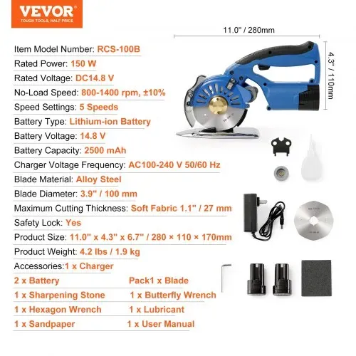 VEVOR Tragbarer Stoffschneider 150 W, Elektrischer Industrieller Stoffschneider, Klingengröße: 100 mm, Max. Schnittdicke: 27 mm, Drahtlose Stoffschere aus Legierter Stahl Ideal für Tuch, Stoff usw. – Bild 6