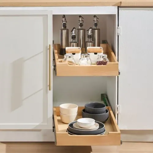 VEVOR Ausziehbarer Schrank-Organizer Schrankschublade Regal (356 x 533 x 76 mm) mit sanftem Schließmechanismus, Holz-Schiebeschublade Unter- und Seitenmontage, für Küche Speisekammer Badezimmer – Bild 7