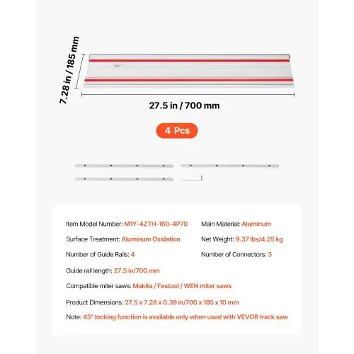 VEVOR Führungsschiene Handkreissäge, inkl. 4 Stk. 700 mm Aluminium-Kreissägeschiene & 3 Verbindungsstücke, kompatibel mit verschiedenen Marken von Tauchsägen, für Holzbearbeitungsprojekte – Bild 6