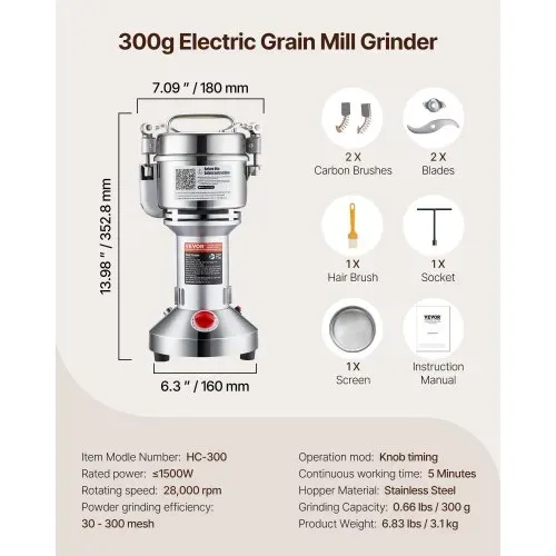 VEVOR elektrische Getreidemühle Hochgeschwindigkeits-Gewürzmühlen 1500 W 300 g, Pulverisiermaschine aus Edelstahl, für trockene Körner Gewürze Müsli Kaffee Mais Pfeffer Silber 180 x 160 x 355 mm – Bild 6