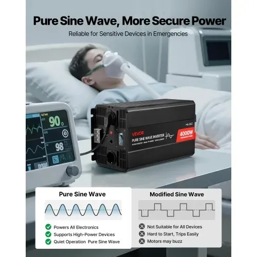 VEVOR 4000 W Wechselrichter, 12 V DC auf 230 V AC, reiner Sinus-Wechselrichter, mit LCD-Display, Fernbedienung, 2 USB-Anschlüssen, 2 AC-Steckdosen, Typ-C-Anschluss, für RV, LKW im Freien – Bild 2