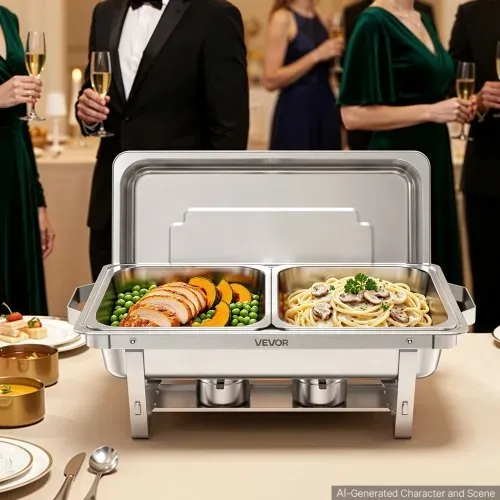 VEVOR Chafing Dish 3er-Set je 8,52 L Edelstahl Warmhaltebehälter für Buffets, Hochzeiten & Partys, Warme und Kalte Speisen Servieren, Brennstoffbehälter, 6 Behälter in Halber Größe, Faltbarer Ständer – Bild 7