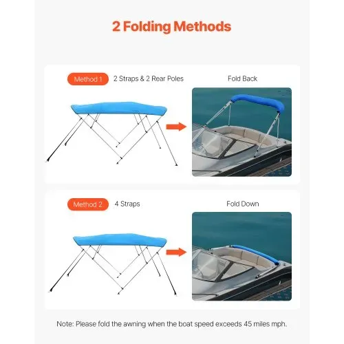 VEVOR Bimini Top Bootsabdeckung Sonnenverdeck (4 Bögen) aus 600D Polyester mit Rahmen aus Aluminiumlegierung, wasserdichte Sonnenschutz-Bootsmarkise mit Aufbewahrungstasche, 216-229 cm (B) Blau – Bild 3