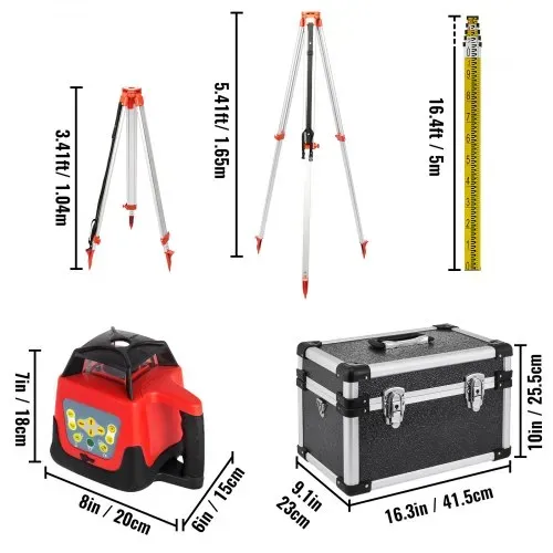 VEVOR Professional Rotationslaser max. Arbeitsbereich 500 m rot, Linienlaser 360 Grad Laser höhenmesser Wasser- und staubdicht Außenbereich Arbeitszeit 20 Stunden mit Stativ & Herrscher Elektrik – Bild 7
