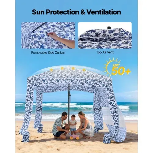 VEVOR Strand-Cabana 183 x 183 cm Strandüberdachung mit Seitenwand, UPF 50+ Sonnenschutz, Strandpavillon mit Sandsäcken, großer tragbarer Sonnenschutz Sonnenschirm für Familie Freunde Outdoor – Bild 3