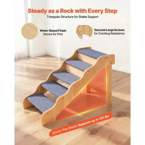 VEVOR Hundetreppe 910x430x630 mm, 5-stufige Hautiertreppe, Holztreppe geeignet für kleine, mittlere, große, ältere Haustiere sowie Welpen bis 68 kg, Hundeleiter für Betten, Sofas & Autos – Bild 2