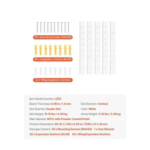 VEVOR Regalpilaster, 1536 mm, 5er-Pack, aufrechtes Wandregalsystem, Hochleistungs-Stützsystem mit zwei Schlitzen, 25 Schrauben, geeignet für die Organisation von Schränken und Schränken, Silber – Bild 6