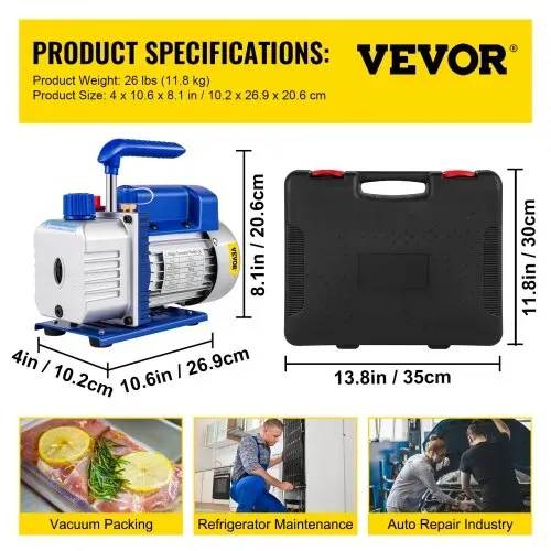 VEVOR Vakuumpumpe für Klimaanlagen, 136 l/min, Vakuumpumpe für Kältetechnik HVAC 1/3 HP mit 4-Wege-Manometer-Kit und Schlauch 1440 U/min Tragetasche für Autoklimaanlagen Kältetechnik – Bild 6