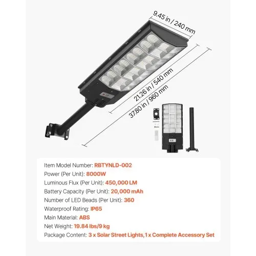VEVOR Solar Straßenlaterne 450000LM, Straßenlampe 8000W, Solarleuchte mit Dämmerungssensor, LED-Flutlicht mit Bewegungsmelder, IP67 wasserdichte Außenbeleuchtung, für Einfahrt & Hof, 3er-Pack – Bild 6