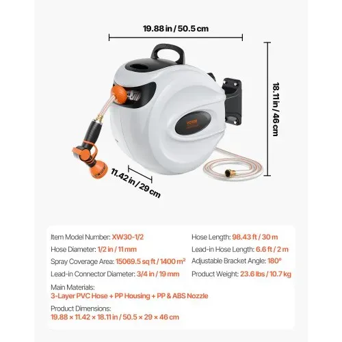VEVOR Schlauchaufroller, 12mmx30 m, wandmontierter Schlauchaufroller, Wand Schlauchbox mit Düse mit 9 Mustern, automatisches Rücklaufsystem mit langsamer Rückführung & 180°-Schwenkhalterung – Bild 6
