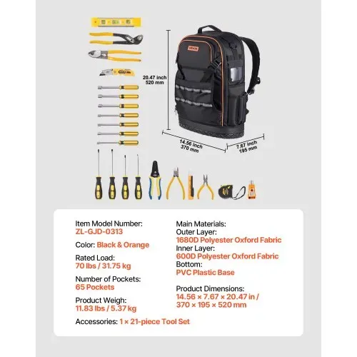 VEVOR Werkzeugrucksack mit 65 Taschen, Backpack inkl. 21-teiliges Werkzeugset, Werkzeugtasche mit Laptopfach, für Elektriker, Reparaturtechniker und Heizungs-, Lüftungs- und Klimatechniker – Bild 6
