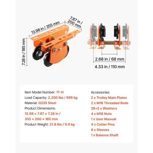 VEVOR Laufkatze mit 998 kg Tragkraft, Manuelles Rollfahrwerk mit Doppelrädern & 68-110 mm Flanschbreite, Handfahrwerk aus Kohlenstoffstahl für I-Träger, Krankatze für PA600 PA700 PA800 PA900 PA1000 – Bild 6