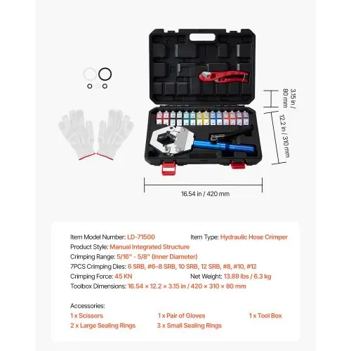 VEVOR Hydraulische Presszange, Hydra-Crimpzange, Klimaanlagen-Schlauchpresse-Set mit 7 Snap-On-Einsätzen, Schlauch-Crimpwerkzeug für Kfz- & Klimaanlagenreparaturen – inkl. Koffer – Bild 6