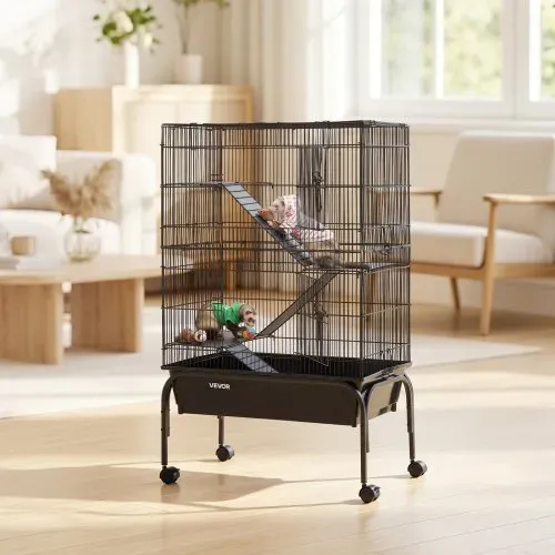 VEVOR Kleintierkäfig Metall Frettchenkäfig Kleintiergehege 63x36x101 cm, Frettchen Chinchillas Gleithörnchen Meerschweinchen & Kaninchen 3-Stöckig 13,97 mm Drahtabstand Feststellbare Schwenkrolle – Bild 7