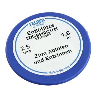 Entlötlitze FELDER, 2,50mm, mit halogenfreiem Flussmittel getränkte Kupferlitze, 1,60m Spule Entlötlitze FELDER, 2,50mm, mit halogenfreiem Flussmittel getränkte Kupferlitze, 1,60m Spule