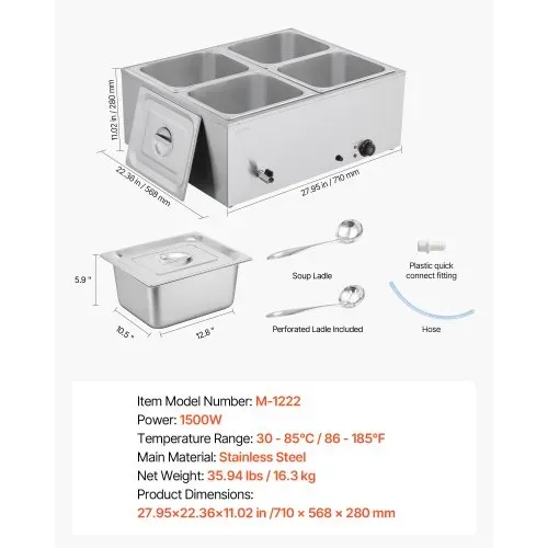 VEVOR kommerzieller Speisenwärmer (4 x 1/2 Größe Behälter), 1,5 kW elektrischer Wärmebehälter aus Edelstahl mit Abdeckung & Suppenkelle, Chafing Dishes für Catering Restaurant Party – Bild 6