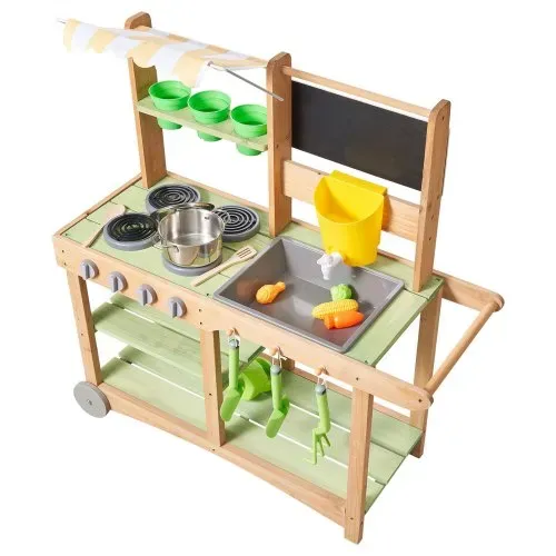 VEVOR Spielküche, Kinderküche, Spielzeugküche mit Löffeln, Spüle, Sonnenschutz, Schwenkrädern, Kochgeschirr & Zubehör, Holzküche, Ideal für Kinder ab 3 Jahren, 880x326x900 mm – Bild 8