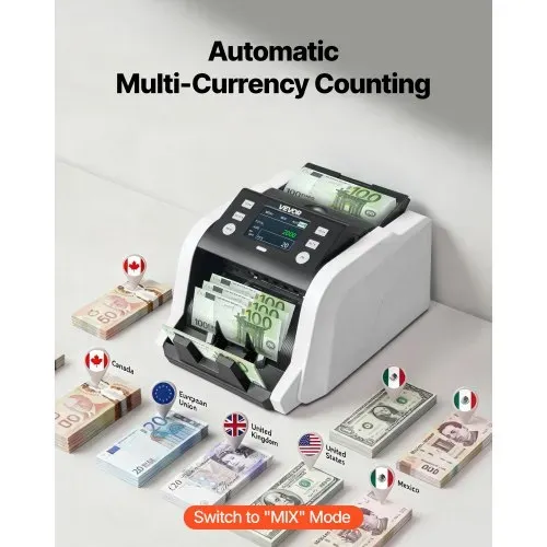 VEVOR Geldzählmaschine, 1200 Banknoten pro Minute, Banknotenzählmaschine mit Wertzählung, UV/MG/IR/DD/DBL/HLF/CHN-Fälschungserkennung, TFT-Display, für Gemischte Stückelungen von Dollar & Euro – Bild 3