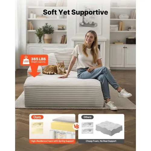 VEVOR Chaiselongue Relaxliege 138cm, gepolstertes Schlafsofa mit Dekokissen & Armlehnen, Schlafcouch mit tiefer Sitzfläche für Wohnzimmer Schlafzimmer, Loungesessel aus hochelastischem Schwamm Beige – Bild 3