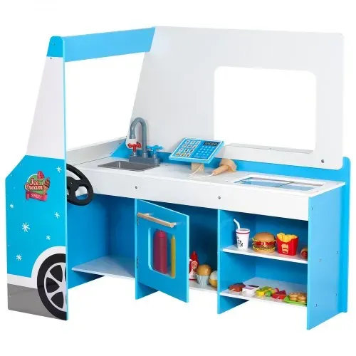 VEVOR Eiswagen für Kinder, über 20 Zubehörteile, Eisdiele aus Holz mit Lenkrad und Tafel, Zahlungsscanner und Gefrierschrank, Wasserhahn und Spüle, geeignet für Kinder von 3–7 Jahren, blau – Bild 8