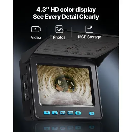 VEVOR Kanalkamera, 50 m, selbstnivellierende Rohrkamera mit 4,3-Zoll-HD-Bildschirm, IP68 wasserdicht, mit Beleuchtung (12 LEDs & 16-GB-Speicherkarte) für Abwasserleitungen & -rohre – Bild 2