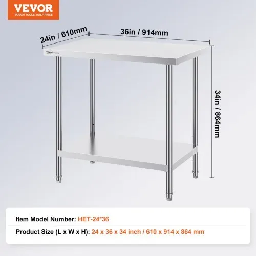 VEVOR Zubereitungstisch aus Edelstahl, 61 x 91 x 86 cm, 340 kg Tragkraft, robuster Metall-Arbeitstisch mit 3 einstellbaren Höhenstufen, gewerbliche Arbeitsstation für Küche, Garage, Restaurant, Hinter – Bild 6